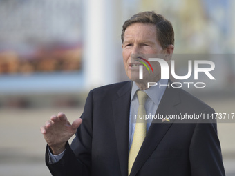 United States Senator Richard Blumenthal is attending a briefing in Mykhailivska Square outside the St. Michael's Golden-Domed Monastery in...