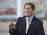 United States Senator Richard Blumenthal is attending a briefing in Mykhailivska Square outside the St. Michael's Golden-Domed Monastery in...