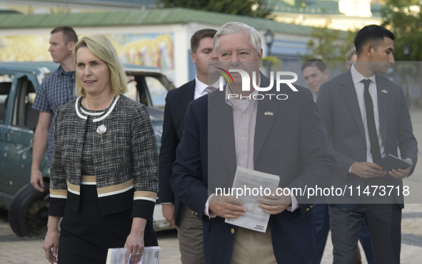 US Ambassador to Ukraine Bridget A. Brink and United States Senator Lindsey Graham are being pictured after a briefing in Mykhailivska Squar...