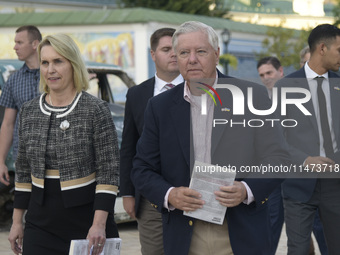 US Ambassador to Ukraine Bridget A. Brink and United States Senator Lindsey Graham are being pictured after a briefing in Mykhailivska Squar...