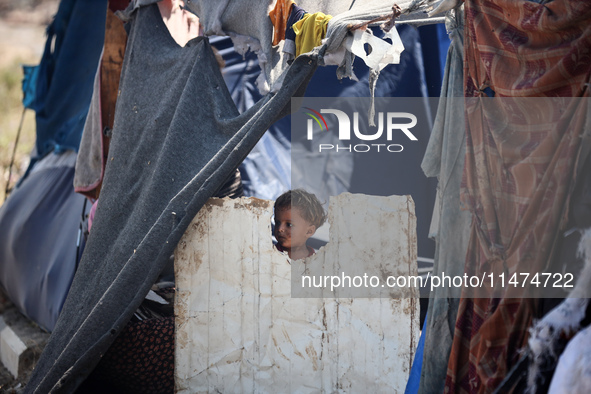 A Palestinian boy is looking outside a tent set on a road's median at a makeshift displacement camp set up along a road in Deir el-Balah in...