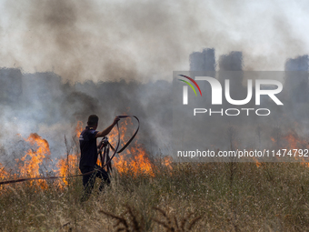 Dry grass and brush are burning between Sofia Airport and Hristo Botev district on August 13, 2024, in Sofia, Bulgaria. Bulgaria is ranking...