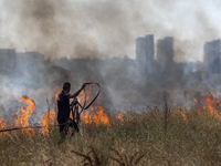 Dry grass and brush are burning between Sofia Airport and Hristo Botev district on August 13, 2024, in Sofia, Bulgaria. Bulgaria is ranking...