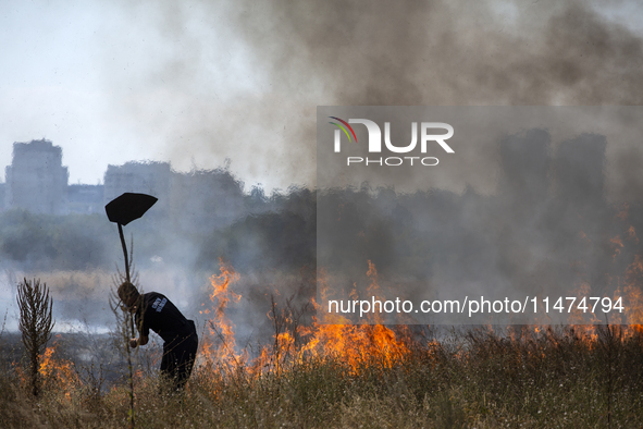 Dry grass and brush are burning between Sofia Airport and Hristo Botev district on August 13, 2024, in Sofia, Bulgaria. Bulgaria is ranking...