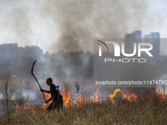 Dry grass and brush are burning between Sofia Airport and Hristo Botev district on August 13, 2024, in Sofia, Bulgaria. Bulgaria is ranking...