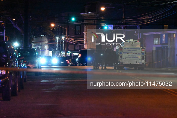 Police are involved in a shooting, leaving one person wounded and two police officers injured in Newark, New Jersey, United States, on Augus...