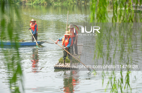 River cleaners are performing daily cleaning at Miaoqiantou River in Dongheng Village, Huzhou City, East China's Zhejiang Province, on Augus...