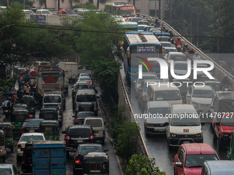 Vehicles are being seen stuck in traffic during rush hour in Dhaka, Bangladesh, on August 13, 2024. (