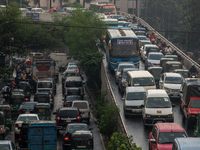 Vehicles are being seen stuck in traffic during rush hour in Dhaka, Bangladesh, on August 13, 2024. (