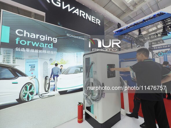 Visitors are visiting the ''DC Fast Charger'' at the 2024 Beijing International Charging Pile and Converter Exhibition in Beijing, China, on...