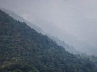 A general view of the mountains is showing rain in Bergamo, Italy, on August 13, 2024 (