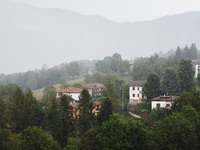 A general view of the mountains is showing rain in Bergamo, Italy, on August 13, 2024 (