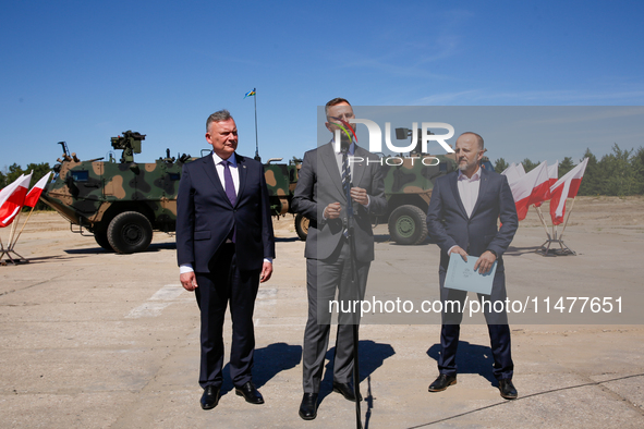 Deputy Prime Minister and Minister of Defence of Poland, Wladyslaw Kosiniak Kamysz speaks to media during a ceremony of signing a contract t...