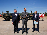 Deputy Prime Minister and Minister of Defence of Poland, Wladyslaw Kosiniak Kamysz speaks to media during a ceremony of signing a contract t...