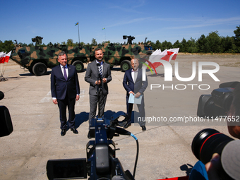 Deputy Prime Minister and Minister of Defence of Poland, Wladyslaw Kosiniak Kamysz speaks to media during a ceremony of signing a contract t...