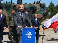 Deputy Prime Minister and Minister of Defence of Poland, Wladyslaw Kosiniak Kamysz speaks to media during a ceremony of signing a contract t...