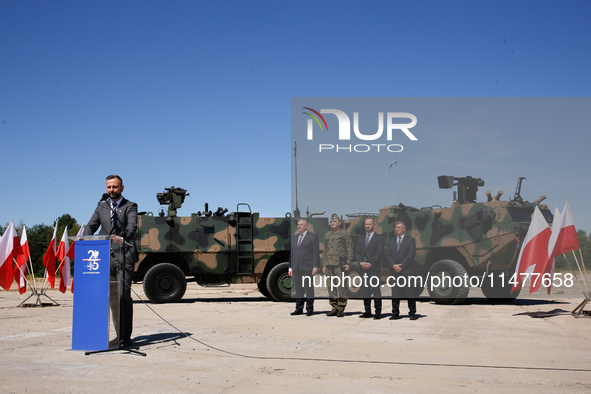 Deputy Prime Minister and Minister of Defence of Poland, Wladyslaw Kosiniak Kamysz speaks to media during a ceremony of signing a contract t...