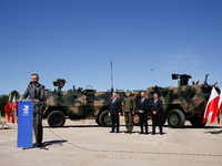 Deputy Prime Minister and Minister of Defence of Poland, Wladyslaw Kosiniak Kamysz speaks to media during a ceremony of signing a contract t...