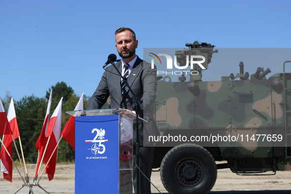 Deputy Prime Minister and Minister of Defence of Poland, Wladyslaw Kosiniak Kamysz speaks to media during a ceremony of signing a contract t...