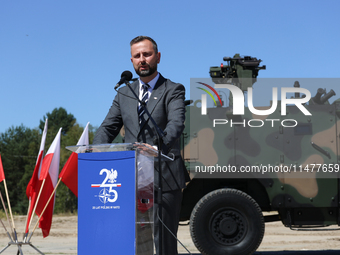 Deputy Prime Minister and Minister of Defence of Poland, Wladyslaw Kosiniak Kamysz speaks to media during a ceremony of signing a contract t...