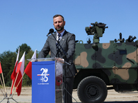 Deputy Prime Minister and Minister of Defence of Poland, Wladyslaw Kosiniak Kamysz speaks to media during a ceremony of signing a contract t...