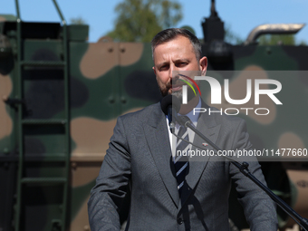 Deputy Prime Minister and Minister of Defence of Poland, Wladyslaw Kosiniak Kamysz speaks to media during a ceremony of signing a contract t...