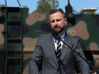 Deputy Prime Minister and Minister of Defence of Poland, Wladyslaw Kosiniak Kamysz speaks to media during a ceremony of signing a contract t...