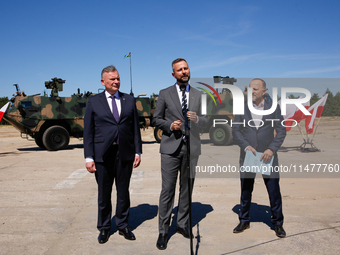 Deputy Prime Minister and Minister of Defence of Poland, Wladyslaw Kosiniak Kamysz speaks to media during a ceremony of signing a contract t...