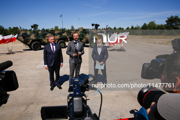 Deputy Prime Minister and Minister of Defence of Poland, Wladyslaw Kosiniak Kamysz speaks to media during a ceremony of signing a contract t...