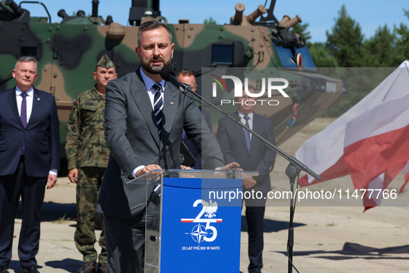 Deputy Prime Minister and Minister of Defence of Poland, Wladyslaw Kosiniak Kamysz speaks to media during a ceremony of signing a contract t...