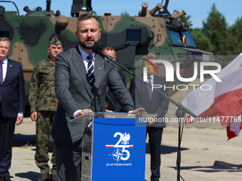 Deputy Prime Minister and Minister of Defence of Poland, Wladyslaw Kosiniak Kamysz speaks to media during a ceremony of signing a contract t...