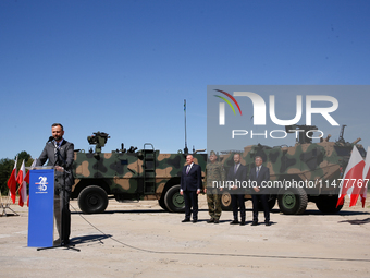 Deputy Prime Minister and Minister of Defence of Poland, Wladyslaw Kosiniak Kamysz speaks to media during a ceremony of signing a contract t...