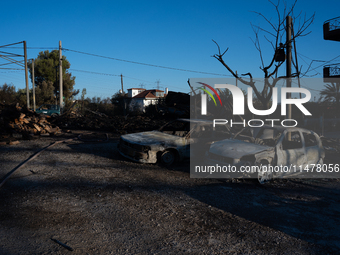 Destroyed cars are sitting in a lumber warehouse in the Vrilissia area, due to the fire that is breaking out in Athens, Greece, on August 11...