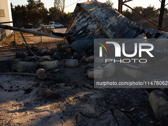 Gas cylinders are exploding in a lumber warehouse in the Vrilissia area, due to the fire that is breaking out in Athens, Greece, on August 1...