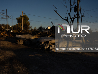 A destroyed car is sitting in a lumber warehouse in the Vrilissia area, due to the fire that broke out in Athens, Greece, on August 11, 2024...