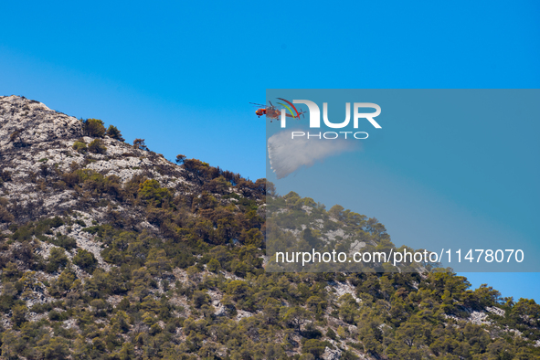 A firefighting helicopter is operating to extinguish flare-ups after the fire that broke out in Athens, Greece, on August 11, 2024, in the N...