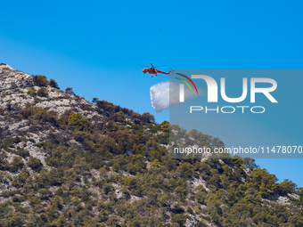 A firefighting helicopter is operating to extinguish flare-ups after the fire that broke out in Athens, Greece, on August 11, 2024, in the N...