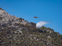 A firefighting helicopter is operating to extinguish flare-ups after the fire that broke out in Athens, Greece, on August 11, 2024, in the N...