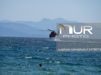 A firefighting helicopter is collecting water from the sea in Nea Makri, Greece, on August 14, 2024, while battling the flare-ups of the fir...