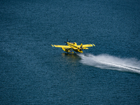 A firefighting plane is collecting water from Marathon Lake to extinguish flare-ups in Marathon, Greece, on August 14, 2024 (