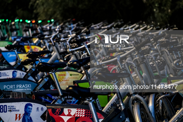 Electric commercial bicycles  available for public commute are seen in central Warsaw, the capital of Poland on August 14, 2024. 