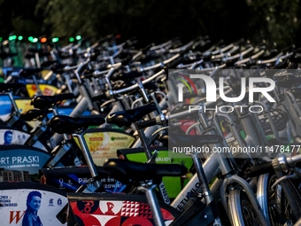 Electric commercial bicycles  available for public commute are seen in central Warsaw, the capital of Poland on August 14, 2024. (