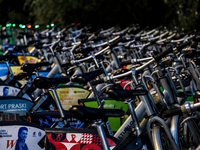 Electric commercial bicycles  available for public commute are seen in central Warsaw, the capital of Poland on August 14, 2024. (