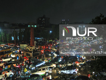 A view of a traffic jam at Trimurti Circle following heavy monsoon rains, in Jaipur, Rajasthan, India, on August 14, 2024. (