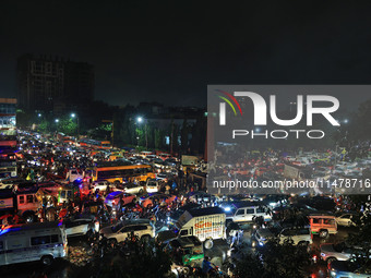 A view of a traffic jam at Trimurti Circle following heavy monsoon rains, in Jaipur, Rajasthan, India, on August 14, 2024. (