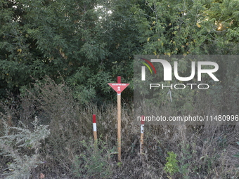 The 'Danger! Mines!' sign is standing in Kamianka village, Kharkiv region, Ukraine, on August 14, 2024, which was destroyed by Russian troop...