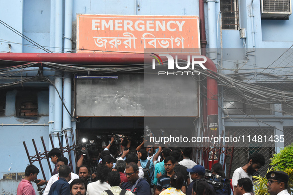 Media persons are standing outside of the emergency ward of R G Kar Medical College in Kolkata, India, on August 15, 2024. 