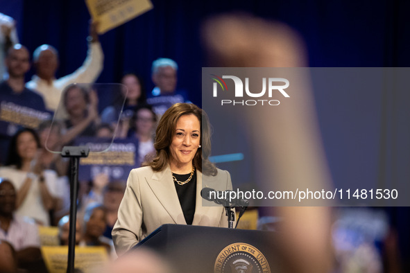 Vice President Kamala Harris is cheered by the audience as she and President Joe Biden announce reduced Medicare prices for ten widely-used...