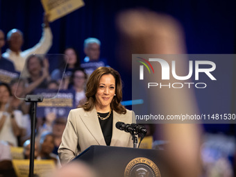 Vice President Kamala Harris is cheered by the audience as she and President Joe Biden announce reduced Medicare prices for ten widely-used...