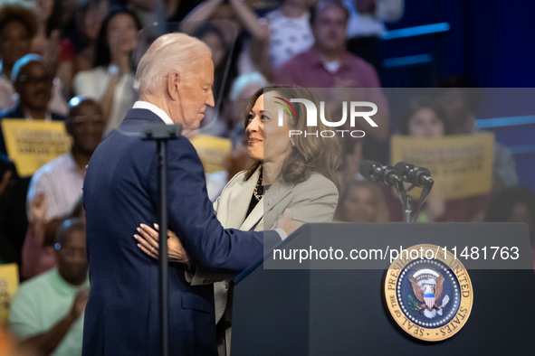 Vice President Kamala Harris embraces President Joe Biden after introducing him at an event announcing reduced Medicare prices for ten widel...